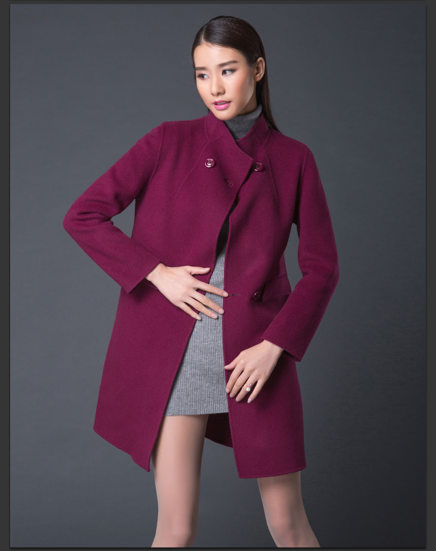 帕什 2016新品首发 欧美女士时尚中长款毛呢大衣 双面毛呢大衣 OS02 紫红 XL