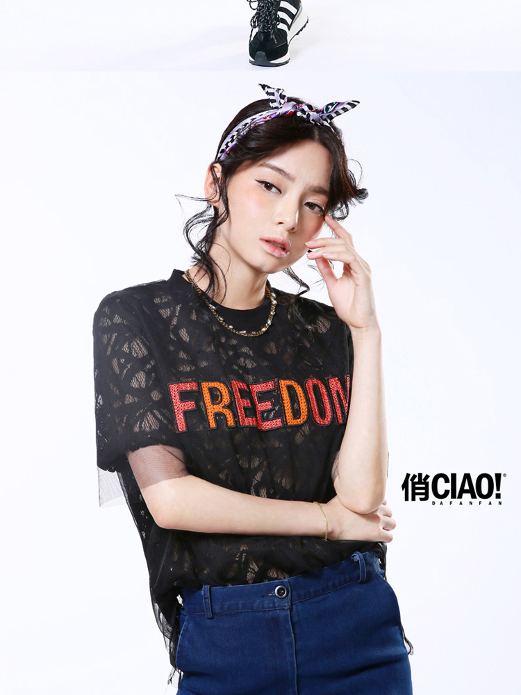 CIAO!俏性感雪纺衫女透视秋 欧美短袖宽松百搭套头蕾丝衫潮CWEUZFF012 白色 S