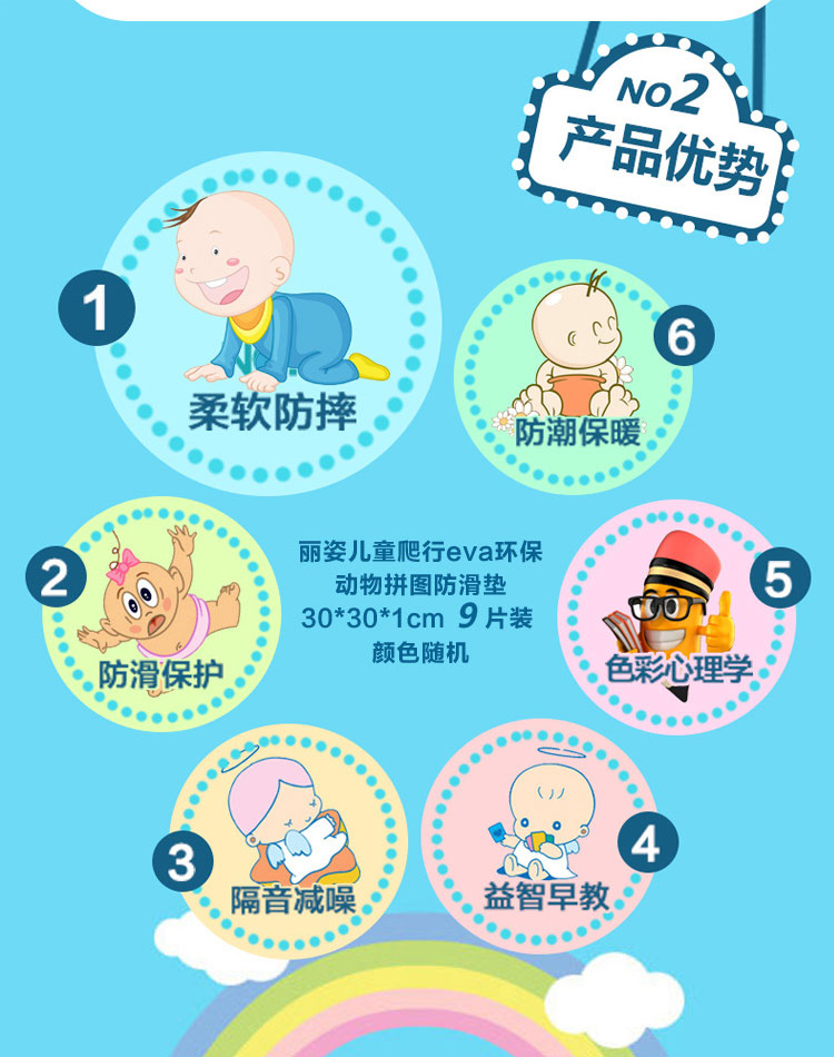 丽姿 eva地垫 儿童爬行eva环保动物拼图防滑垫子拼接地垫地毯 30*30*1cm 9片装 颜色随机