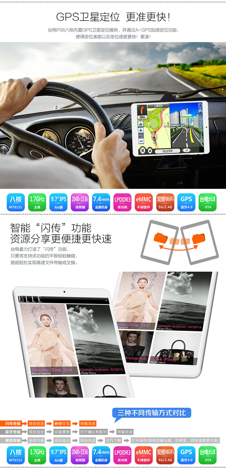 台电（Teclast） P98 八核 平板电脑 9.7英寸(MT8151八核 Air视网膜屏 超薄7.4mm)前白后银