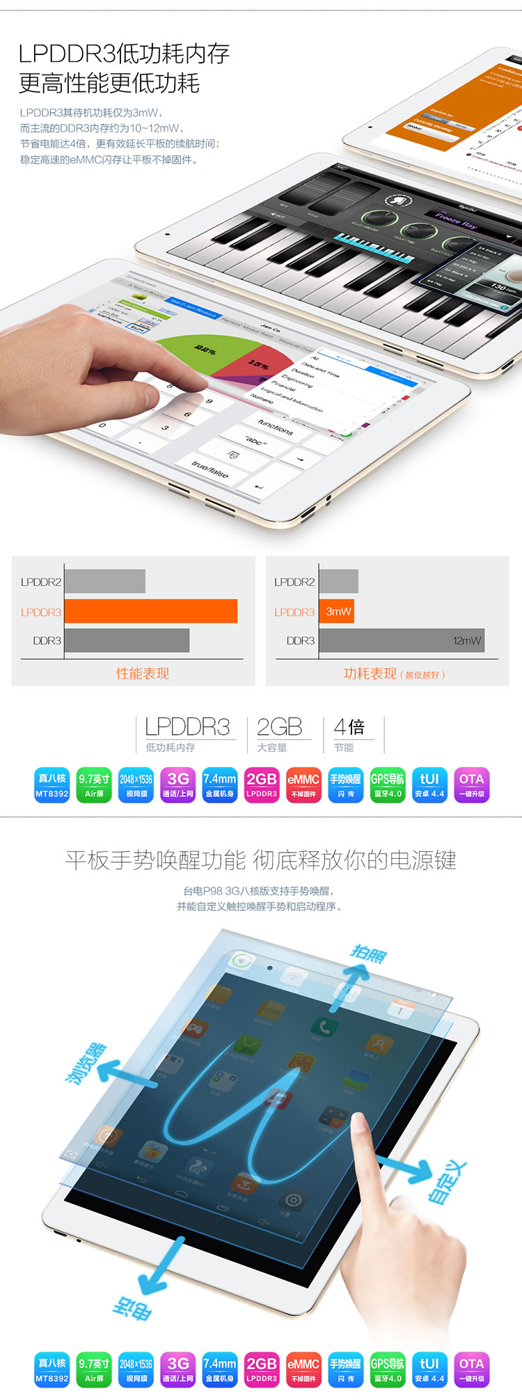 台电（Teclast） P98 3G八核版 平板电脑9.7英寸(MT8392 Air视网膜屏 2G/16GB 超薄7.4mm)前白后金