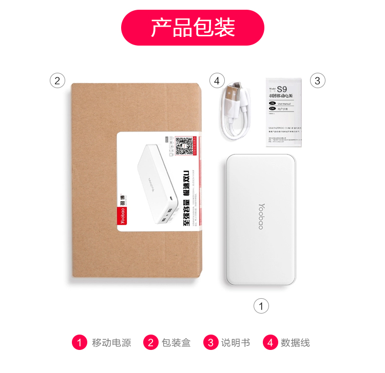 
                                        羽博（ Yoobao）S9大容量充电宝20000毫安移动电源 双输出带LED灯白色 苹果/小米/安卓手机通用                