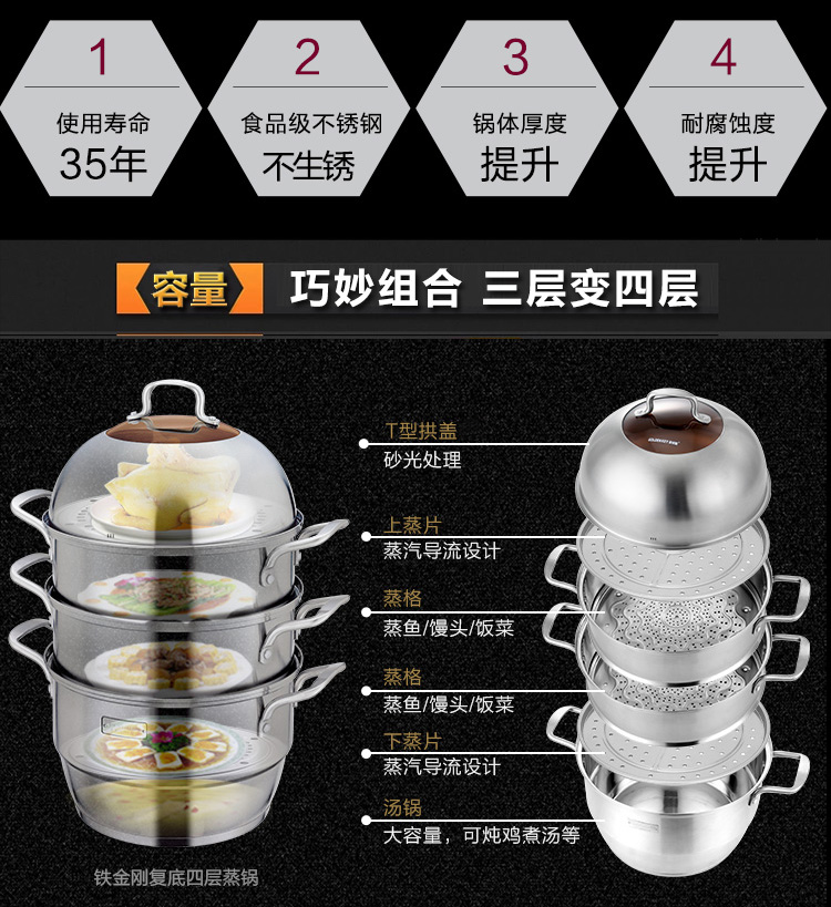 金钥匙（GOLDEN KEY）蒸锅30cm 铁金刚四层不锈钢电磁炉通用蒸笼GK-30T8F
