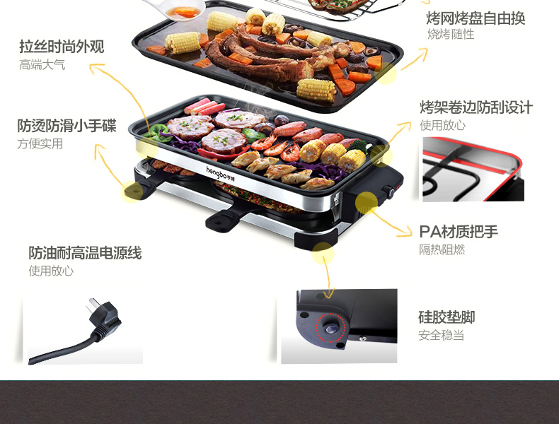 
                                        亨博（hengbo）电烧烤炉 家用电烤炉 双层大号容量烧烤盘烤网配烤碟 多功能无烟不粘烤肉锅 HB-480                