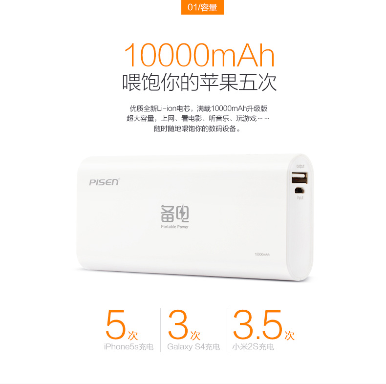 
                                                            品胜（PISEN） 备电系列移动电源/充电宝 10000毫安 2A快速充电 手机平板通用 备电(升级版) 10000毫安 官方标配(不含充电器)                