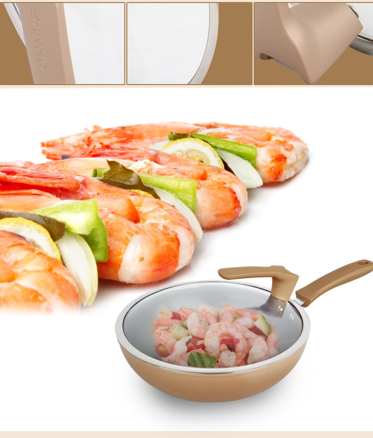 三禾（sanho）炒锅 彩金系列30cm香槟金色炒锅CLF3006-3 可立盖不粘锅无油烟燃气电磁炉通用