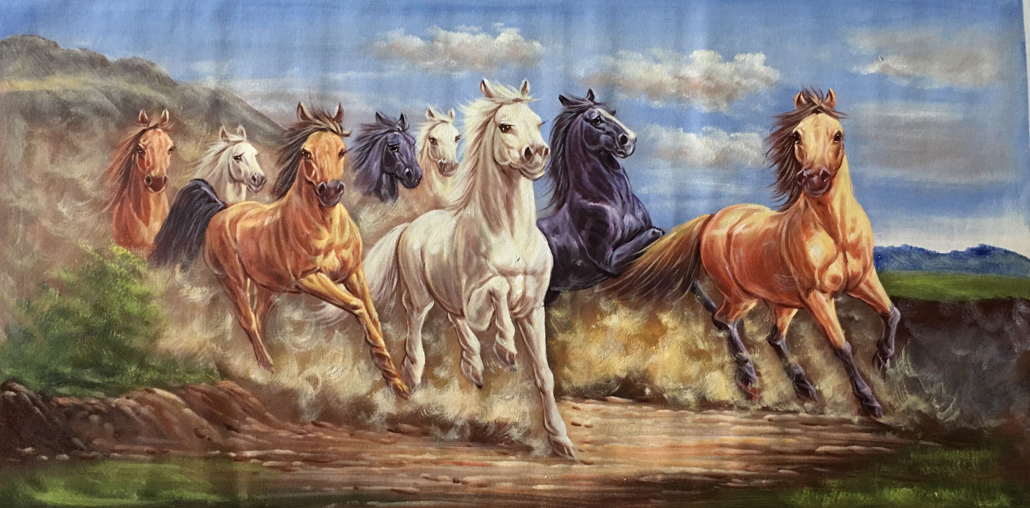 060成交总金额【仙游油画协会】纯手绘动物油画-八骏马,尺寸60/120