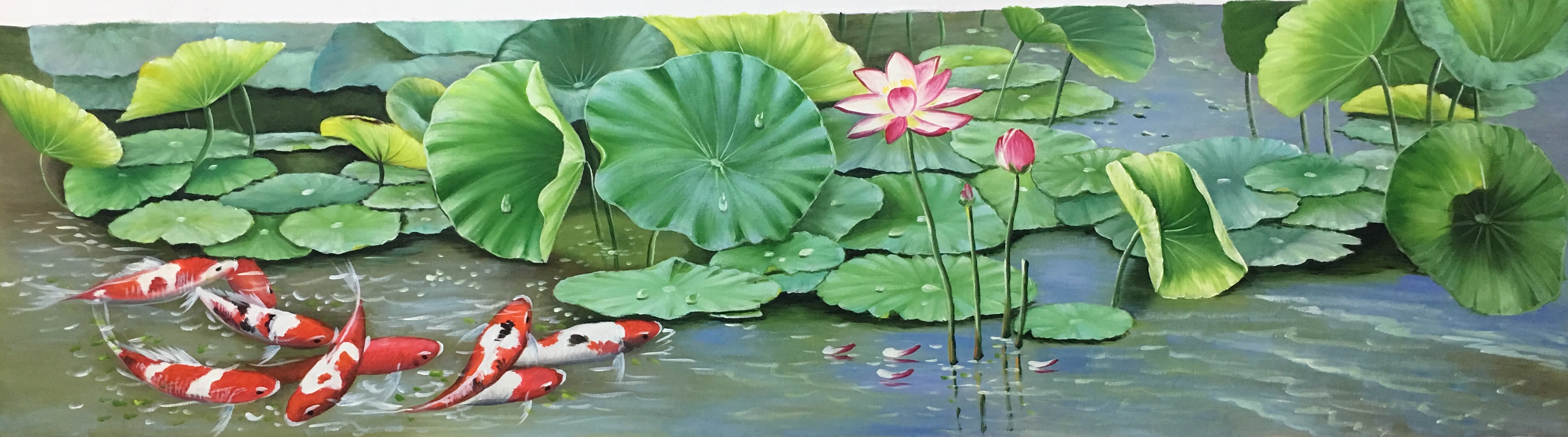 060成交总金额【仙游油画协会】纯手绘写实油画-荷花鱼,尺寸40/150