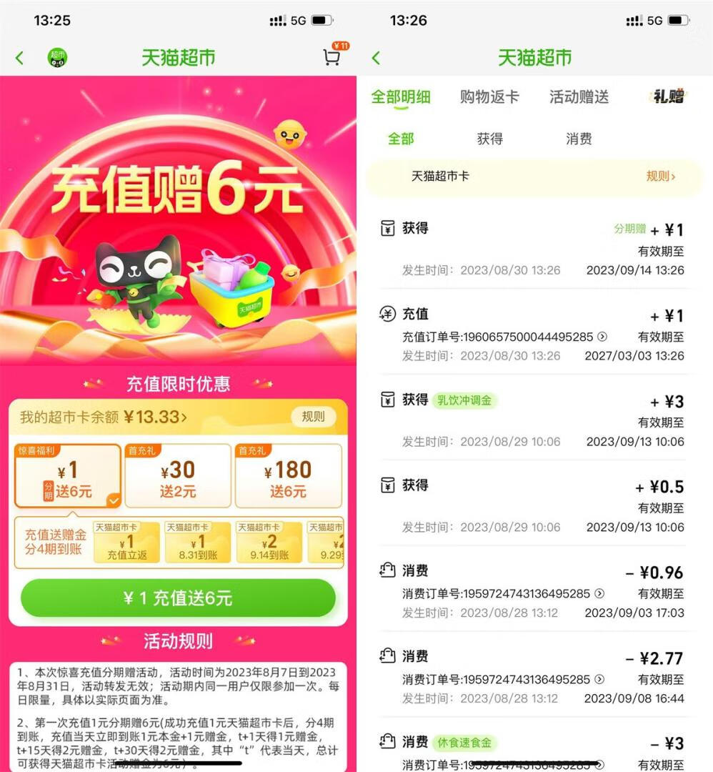 天猫超市充1送6元猫超卡插图羊毛日报