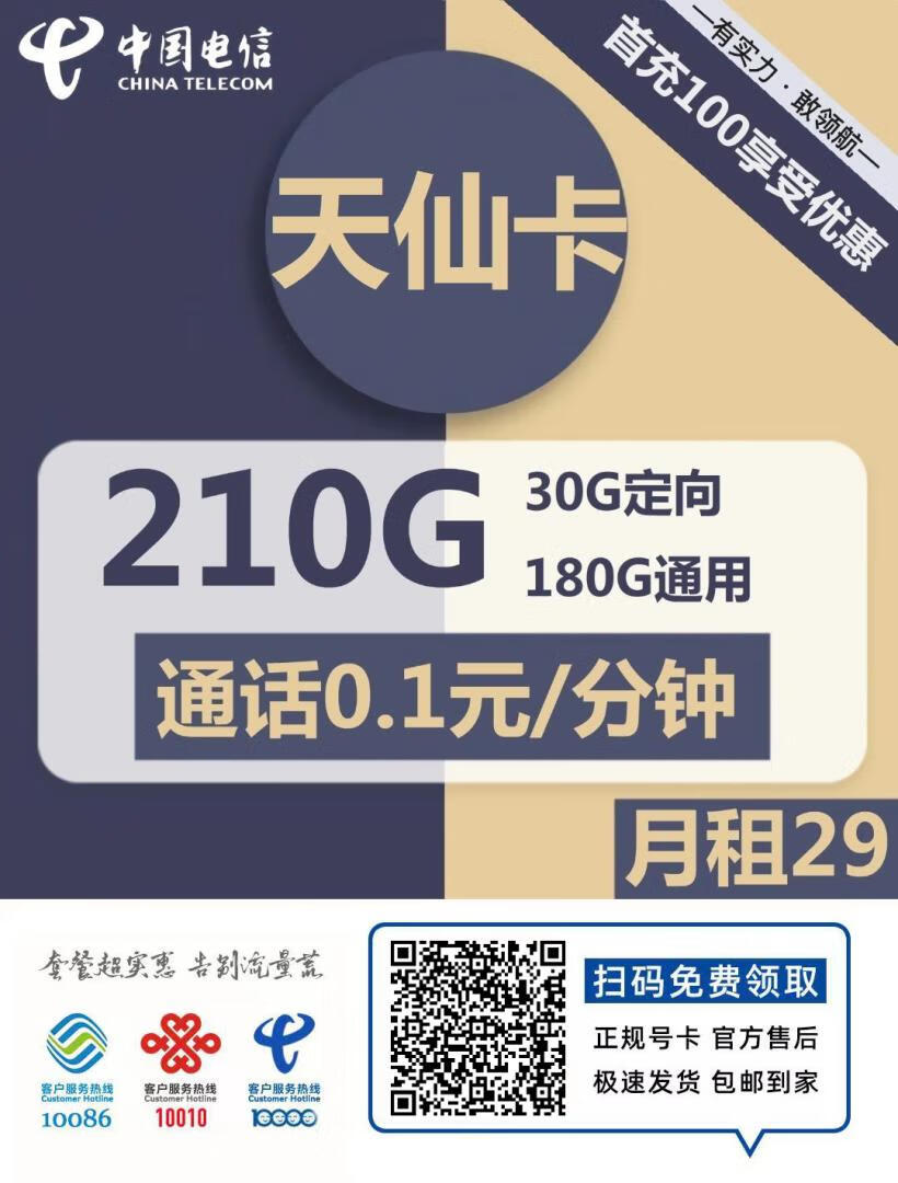 『车门已关』电信天仙卡 29元/月：180G通用+30G定向，流量结转，长期套餐插图2羊毛日报