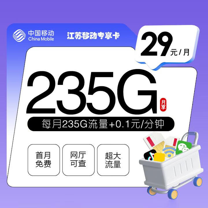 江苏移动专享卡29元包205GB全国通用+30G定向+通话0.1元/分钟【首月免月租，2年优惠】