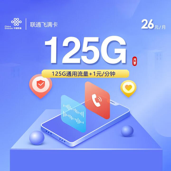 长期套餐|联通飞满卡26元包125G全国通用+通话1元/分钟+无短信功能【自主激活】