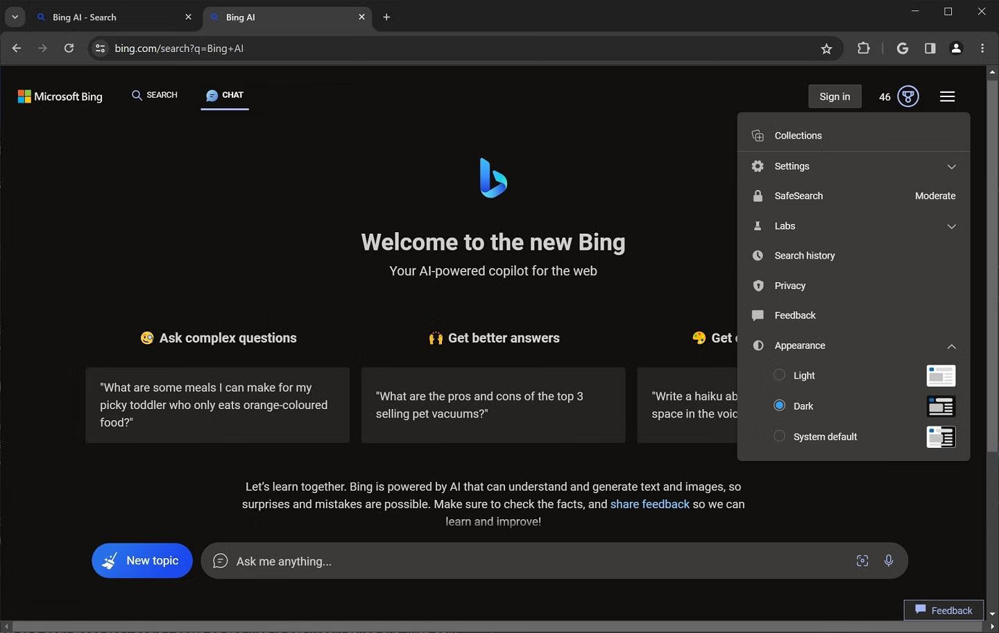 Windows 11下原生暗黑Bing AI正式支持Chrome和Safari