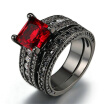 Luxury Black Gold Plated Ring Sets Princess Cut Red Cubic Zirconia Anniversary Ring For Women Full Size Wholesale R628
