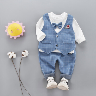 

New Autumn Baby Boy Long Sleeve Gentleman Soft Cotton T-Shirt TopsPlaid VestLong Pants Trousers Toddler Outfits