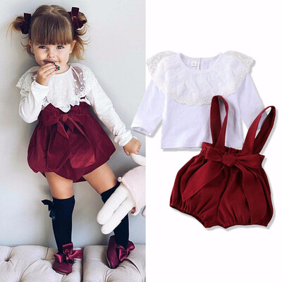 

Infant Baby Girl Yarn Lotus Leaf Tops Strap Lantern Shorts Overalls Clothes