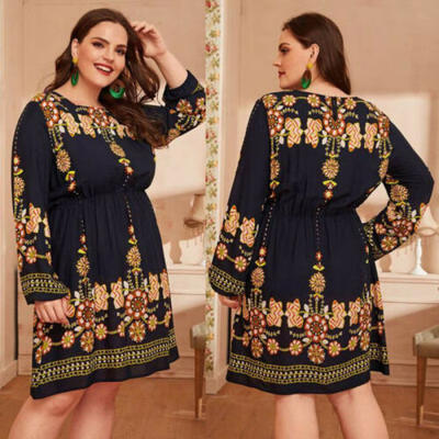 

USA Women Boho Summer Floral Long Sleeve Holiday Beach Shirt Dress Mini Dress