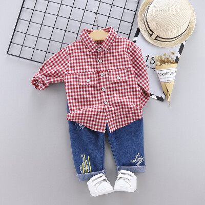 

2019 New Autumn Children Baby Boys Casual Set Long Sleeve Plaid Print Blouse TopsDenim Pants Trouser Set