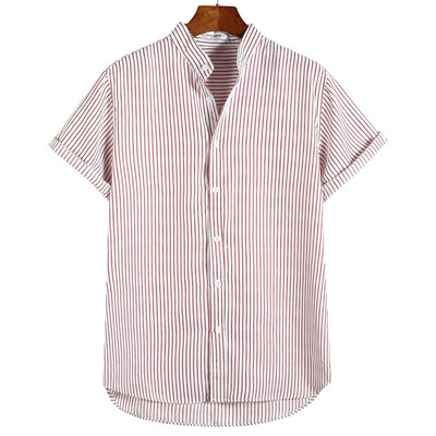 

Toponeto Mens Stand Collar Stripe Summer Short Sleeve Loose Buttons Casual Shirt Blouse