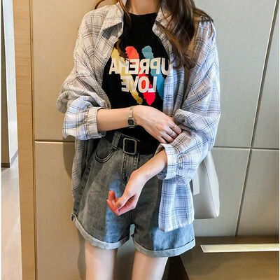 

2019 COCKCON fashion womens retro loose plaid printed loose lapel shirt retro long-sleeved casual top