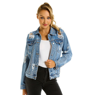

Toponeto Women Boyfriend Oversize Hole Loose Jacket Casual Denim Jeans Coat Outwear