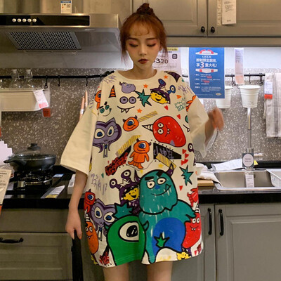 

Fashion Personality Doodle Cartoon Print Large Size Top Sweet Style Round Neck Short-sleeved Womens Tee O-Neck Long Clothing