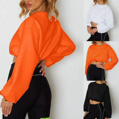 

Womens Ladies Long Sleeve Crop Top Round Neck Casual Loose Pullover Blouse Shirt