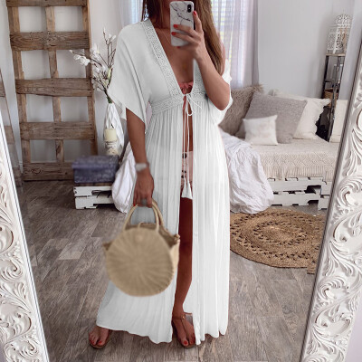 

Women Loose Casual Lace Solid Color Holiday Dress Long Skirt Beach Robe Cover Up