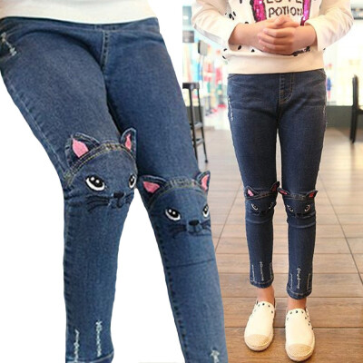 

Childrens Clothing Girls Baby Cartoon Cat Embroidery Hole Slim Jeans