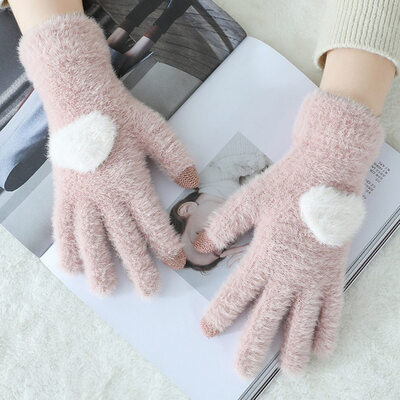 

cute Gloves Women Touch Screen 2019 New Winter Soft Rabbit Wool Gloves Warm Lovely Girls Pink Heart Mittens Gloves