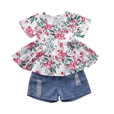 

Kids Girls Clothes Summer Girls Clothing Set Blossom Floral Tops Short Sleeve T-shirt Casual Worn Denim Shorts Clothes Set