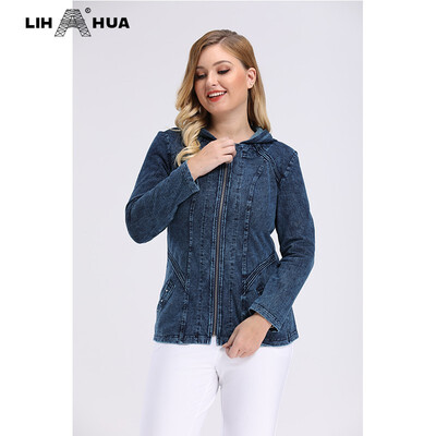

LIH HUA Womens Plus Size Casual Denim Jacket stockinet high flexibility Slim Fit Jacket Denim hoodie