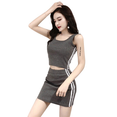 

New Fashion Two Piece Women O-Neck Stripe Sleeveless Tank Tops Mini Skirt Suit Set Sexy Women Sport Suit