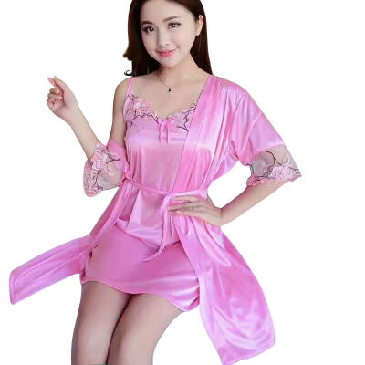 

Women Sexy Soild Color Thin  Satin Luxurious Lightweight Long Sleeve With Belt Lace Sexy Home Night Dress Set