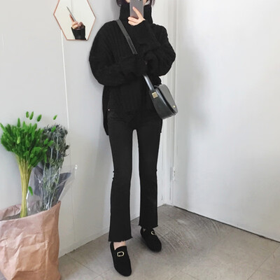 

Womens Pullovers Sweater Turtleneck Ins Winter New Fashion Sexy Split Loose Knit Full Sleeve Korean Casual Tops