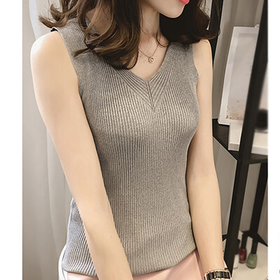 

2019 Summer New Womens Elegant Fashionable Design V Neck Shirts Sleeveless Solid Knitted Loose Tank Top Fitting Tee Tops