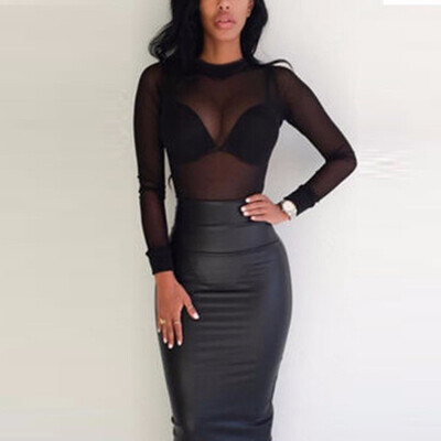 

Sexy Women T Shirt See Through Transparent Mesh Tops Long Sleeve Sheer Slim Ladies Turtleneck T-Shirt