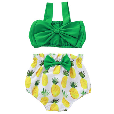 

Summer Toddler Baby Girls Clothes Sets Big Bow Green Tops Pineapple Shorts Flower Headband 2pcs Casual Cotton Girl 0-24M