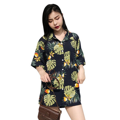 

2019 Summer Couple Blouses Tops Fruit Leaves Print Shirts Short Sleeve Women Shirt Korean Beach Loose Casual Blouse Blusas