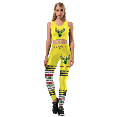 

NEW 2 Pcs New Christmas Women Fashion Casual Hooded O-Neck Sleeveless Tops Female Long Pants Digital Print Sets W1