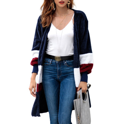 

Soft Women Fashion Casual Autumn Winter Color Stitching Loose Sweater Long Cardigan Elegant Temperament Charming And Generous