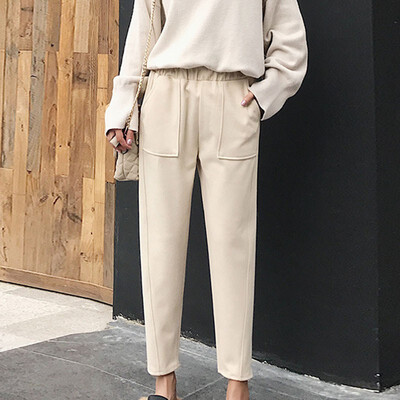 

Women Autumn Woolen Pants Solid High Waist Pencil Pants Ankle Length Trousers Black Suit Pants Pockets Trousers 2019 Hot