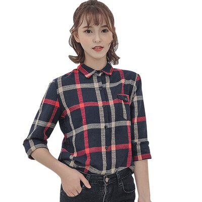 

Women Plaid Blouses Fashion Long Sleeve Turn Down Collar Shirt Girls Ladies Blouse Casual Tops