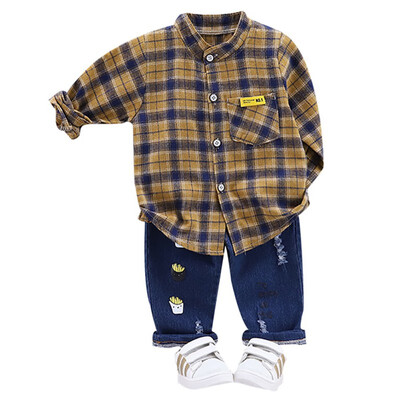 

Autumn Children Baby Boys Set Casual Long Sleeve Plaid Print Casual Shirt TopsCartoon Denim Pants Trouser Set