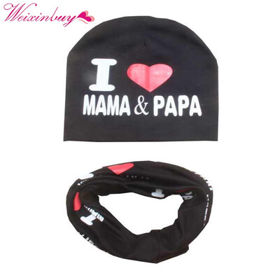 

Baby Hat Set I Love Mama Papa Print Cotton Cap Winter Hats Newborn Children Scarf Collar Boys Beanie Kids Cap