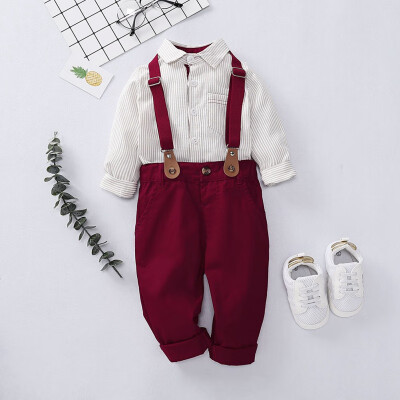 

Autumn Fashion Baby Boy Outfits Long Sleeve Striped Print Shirt BlouseTrousersStrap Casual Gentleman Suit Sets