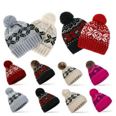 

Hot Womens Knitted Bobble Hat Plain Beanie Warm Winter Ski Hat Wooly Caps hats