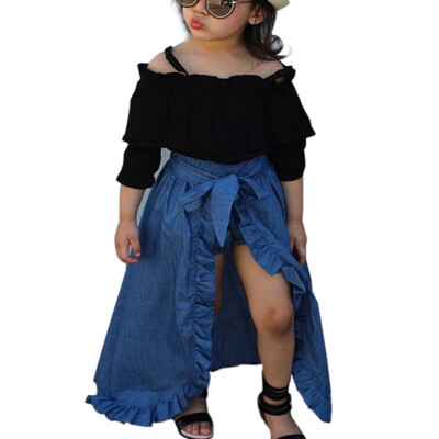 

3PCS Children Clothing Set Summer Black T-Shirt Lace Denim Skirt PP Shorts Fashion Baby Girl Clothes Set