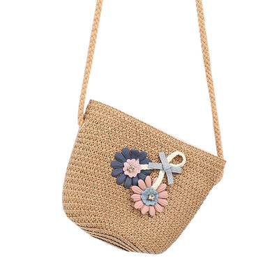 

Children Flower Zipper Cross-body Handbag Fashion Girls Kids Straw Shoulder Messenger Bag