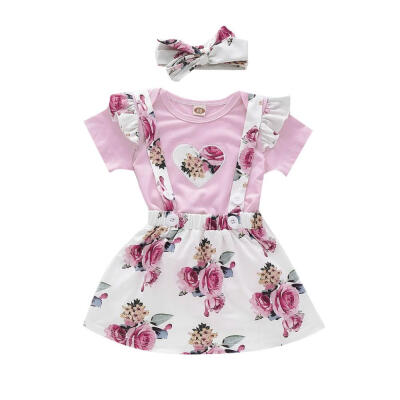 

1-6T Spring Baby Girls Cute Short Sleeve Romper Floral Strap Dress With Headband Children Clothing Sets